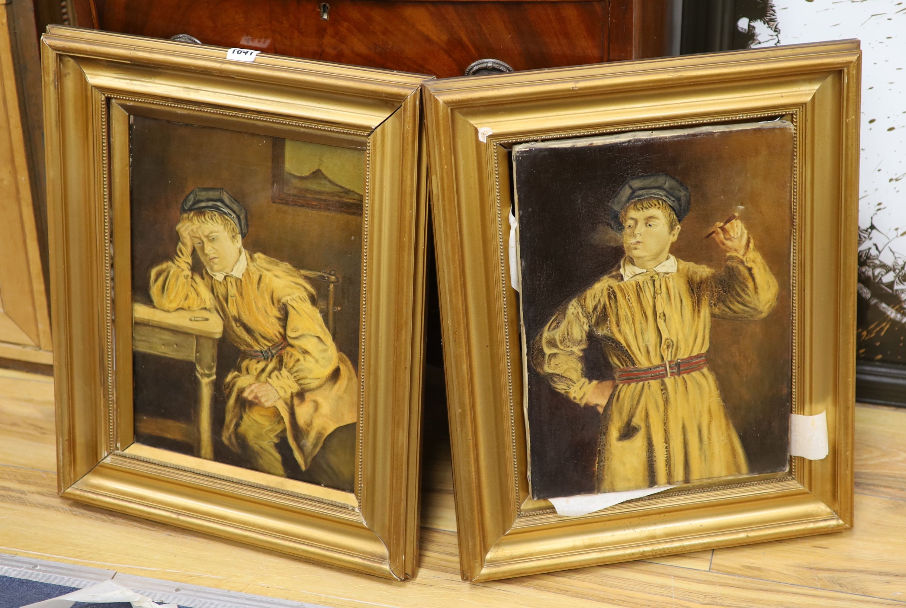 A pair of Edwardian oils on canvas of a boy smoker, 38 x 27cm.